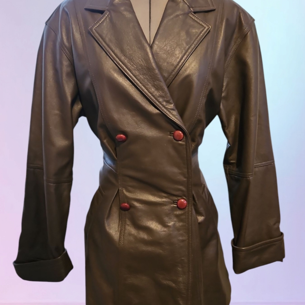 Vintage 80s Brown Leather Jacket Missy Size M Buttoned & Belted Double Breasted